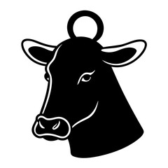 A black and white illustration of a cow s head with a ring