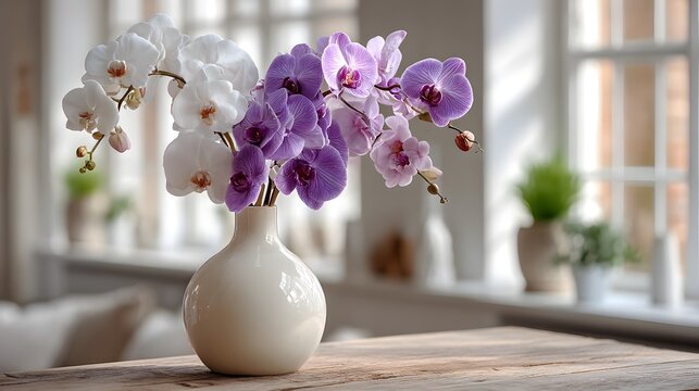 Elegant orchid floral arrangement in a vase against a soft interior backdrop
