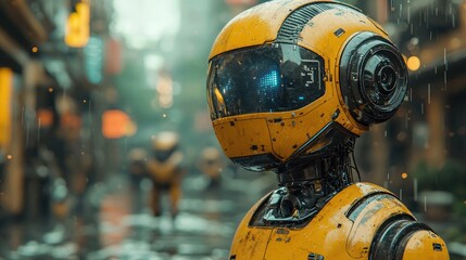 Yellow futuristic robot in urban setting