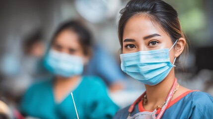 A focused healthcare worker gazes directly at the viewer, wearing protective gear while a colleague works softly out of focus behind, conveying dedication and care in a medical setting.