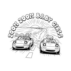Zoom Zoom Baby Girls Convertible Graphic – Front-Facing Roadster Duo, Retro Sunset Highway Line Art Tee for Car Girls, Streetwear Gift for Drivers
