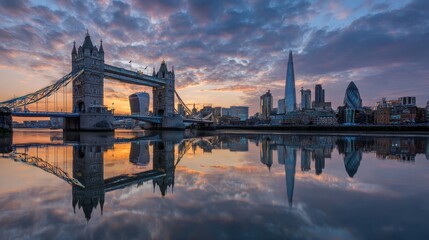 Obraz premium City skyline at sunset with Tower Bridge and modern buildings reflecting in the river