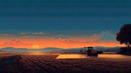 Fototapeta premium Tractor spraying crops at sunset in a rural landscape with mountains in the background