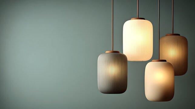 Elegant arrangement of four modern pendant lamps against a serene backdrop