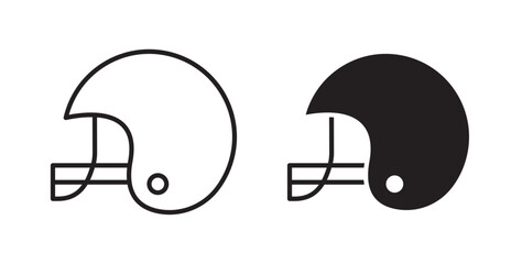 Football helmet icon. Head safety. Headgear accessory. Silhouette symbol on white space. Solid pictogram. Vector illustration with stroke and fill on a white background.