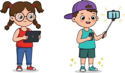 Cartoon boy taking selfie with smartphone, cartoon girl using tablet, kids with gadgets, digital technology, online communication, modern lifestyle illustration