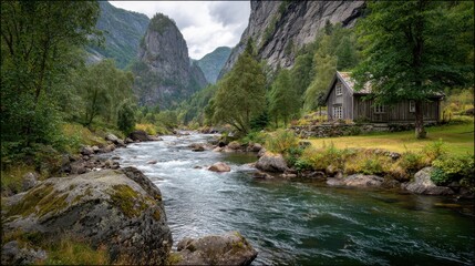 Beautiful riverside cabin nestled in a lush valley surrounded by mountains on a cloudy day