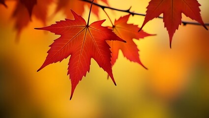 Fototapeta premium Vibrant red maple leaves hanging from a branch in autumn