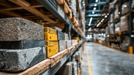 construction retail warehouse interior with shelves organized and filled with essential building materials including bricks, cement, plasterboard and tiles ready for sale and renovation projects