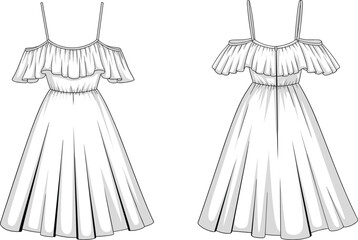 Elegant off shoulder summer dress fashion illustration, front and back view, women clothing design sketch, stylish ruffle dress vector isolated
