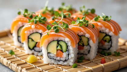 Sushi rolls with salmon and avocado on bamboo mat