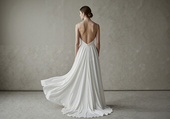 Fototapeta premium Elegant woman in white bridal gown standing with back to camera 