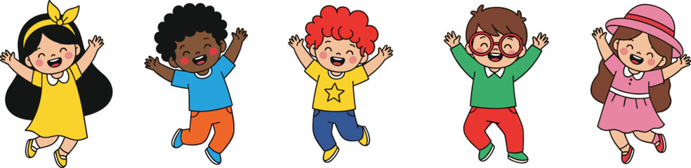 Happy cartoon kids jumping together, diverse children characters, fun playful expressions, joyful childhood moments, cute vector illustration, friendship, happiness, colorful lifestyle design