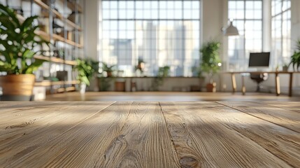 Modern open-plan office space with wooden floor