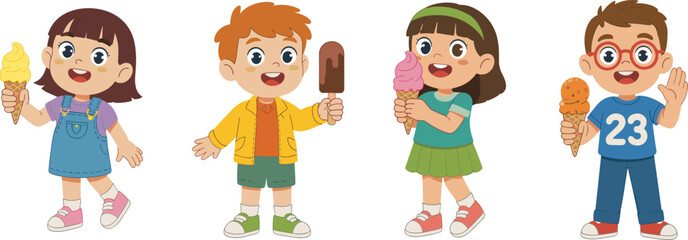 Happy children eating ice cream, enjoying sweet frozen treats, boy and girl holding cones and popsicles, summer dessert fun for kids