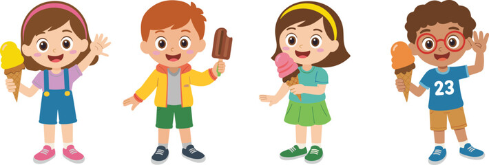 Happy children eating ice cream, holding cones and popsicles, cute cartoon kids enjoying sweet frozen treats, summer dessert fun and happiness