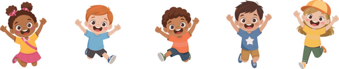 Happy diverse children jumping in the air, cartoon boys and girls, playful friends illustration, joyful kids group, fun celebration moment, cheerful