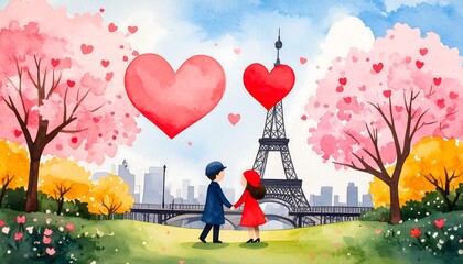 Watercolor painting of couple in Paris with hearts