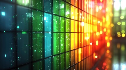 Colorful digital grid wall with vibrant lights