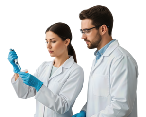 Scientists in lab coats conducting scientific research with a pipette, focused on innovation and medical advancements