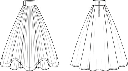 Pleated skirt template, fashion flat sketch, A-line skirt design, clothing vector illustration, apparel fashion drawing, skirt technical sketch, garment template