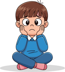 Sad little boy cartoon character sitting on floor, unhappy child illustration, emotional expression, upset kid in blue sweater vector art