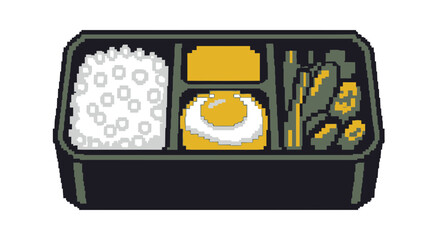 Pixel art bento box lunch illustration, featuring rice, fried egg, and vegetables in a compartmentalized container