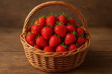 Fresh ripe strawberries in wicker basket on wooden table