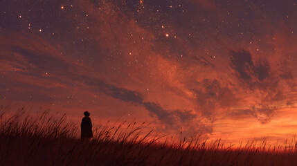Fototapeta premium A traveller in an open field looking up at a star-filled sky (2)