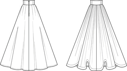 Technical flat fashion sketch, high waist flared skirt, pleated hem design, sewing pattern, garment vector template, clothing illustration, apparel design