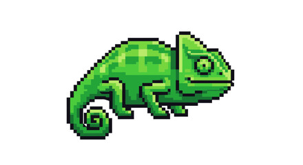 Pixel art green chameleon icon, a vibrant and stylized representation of the reptile in a retro digital aesthetic