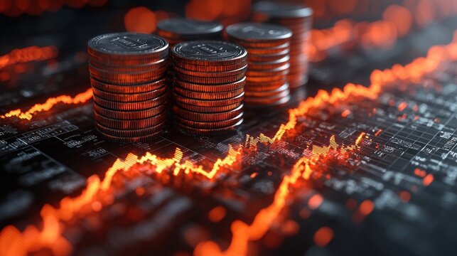 Stacked coins on fiery stock market graph