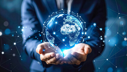 Close-up, human hands carefully holding a floating illuminated globe with Global Network Connection