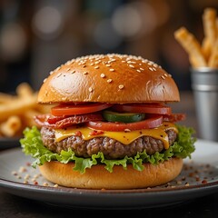 Juicy Cheeseburger With Lettuce, Tomato, Pickles, Onions, and Melted Cheese on a Sesame Bun with Fries in the Background. A juicy cheeseburger stacked with cheddar, fresh lettuce, tomato, and onion.