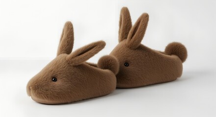 Obraz premium pair brown fuzzy bunny slippers with standing ears and fluffy tails