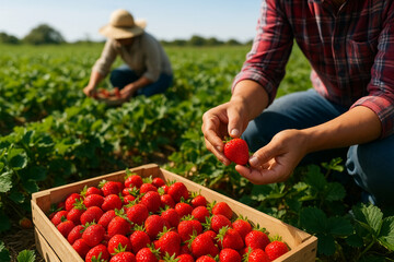 Farmers harvesting ripe strawberries and placing berries in a wooden crate on the field