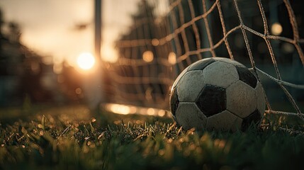 Soccer ball near a goal at sunset