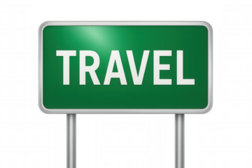 White capital letters spelling travel appearing on transparent green highway road sign backdrop