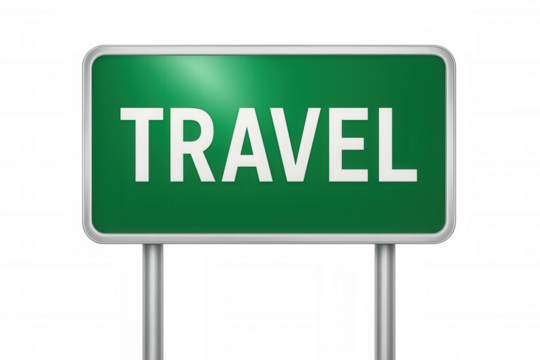 White capital letters spelling travel appearing on transparent green highway road sign backdrop