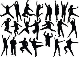 Black silhouette people in dynamic poses, jumping, dancing, stretching, expressive body movements, energetic human figures, vector illustration for animation, design, sports, lifestyle