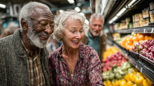 African American grandfather with glasses and goatee smiling in gray sweater, cheerful grandmother in floral shirt examining fresh produce in brightly lit supermarket aisle during grocery shopping - Powered by Adobe