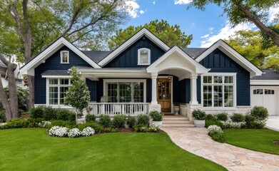 A beautiful blue Craftsman-style home with white trim, large windows, and lots of green grass in the front yard