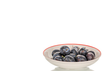 Juicy organic apples and black plums isolated on white background, macro.