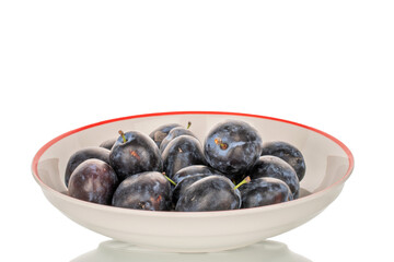 Juicy sweet black plums isolated on white background, close-up.