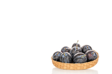 Juicy sweet black plums isolated on white background, close-up.