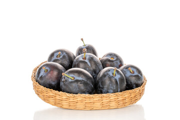 Juicy sweet black plums isolated on white background, close-up.
