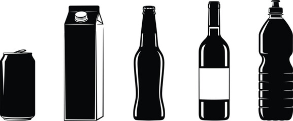 Beverage container set, aluminum can, carton, glass bottle, wine bottle, plastic sports bottle, vector illustration, isolated design element, drink packaging collection