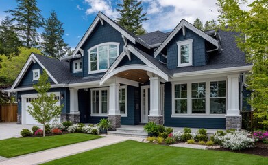 Fototapeta premium A beautiful blue Craftsman-style home with white trim, large windows, and lots of green grass in the front yard
