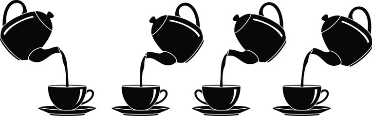 Teapot pouring into teacup silhouettes, black vector illustration, repetitive pattern design, tea serving concept, beverage and kitchenware icon set for decoration