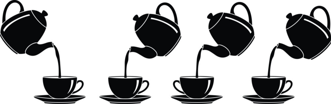 Teapot pouring into teacup silhouettes, black vector illustration, repetitive pattern design, tea serving concept, beverage and kitchenware icon set for decoration